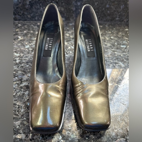 Stuart Weitzman Metallic Gold Bronze Dressy Heels Pumps Shoes Square Toe Size 8 - Picture 8 of 15
